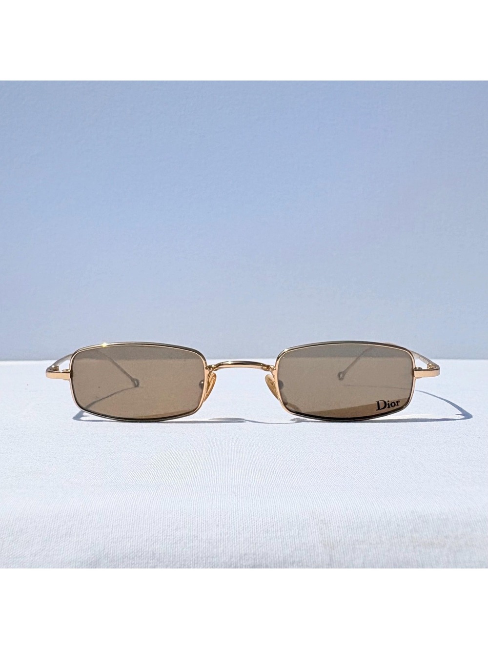 Vintage 90s Christian Dior Hanoi Sunglasses Mini Rectangle Gold Frame Brown Lens